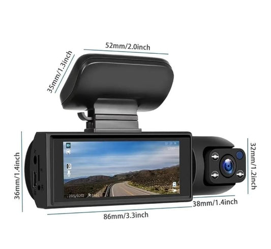 CÁMARA GRABADORA DE VIDEO FRONTAL/TRASERA/INTERIOR CÁMARA DE TABLERO DE DOBLE LENTE PARA AUTOMÓVIL HD 1080P